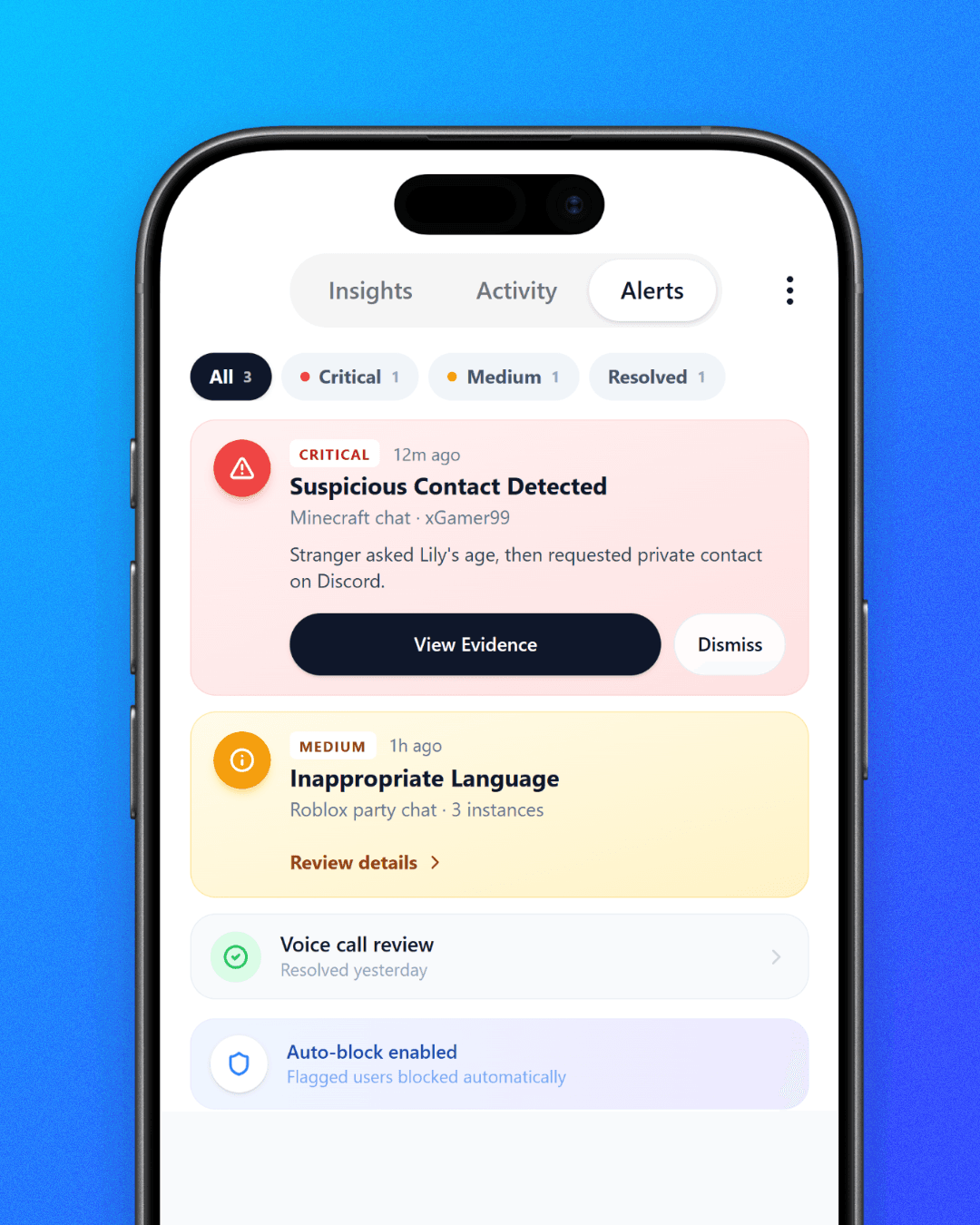 Koda Alerts screen showing suspicious contact, inappropriate language, and resolved alerts