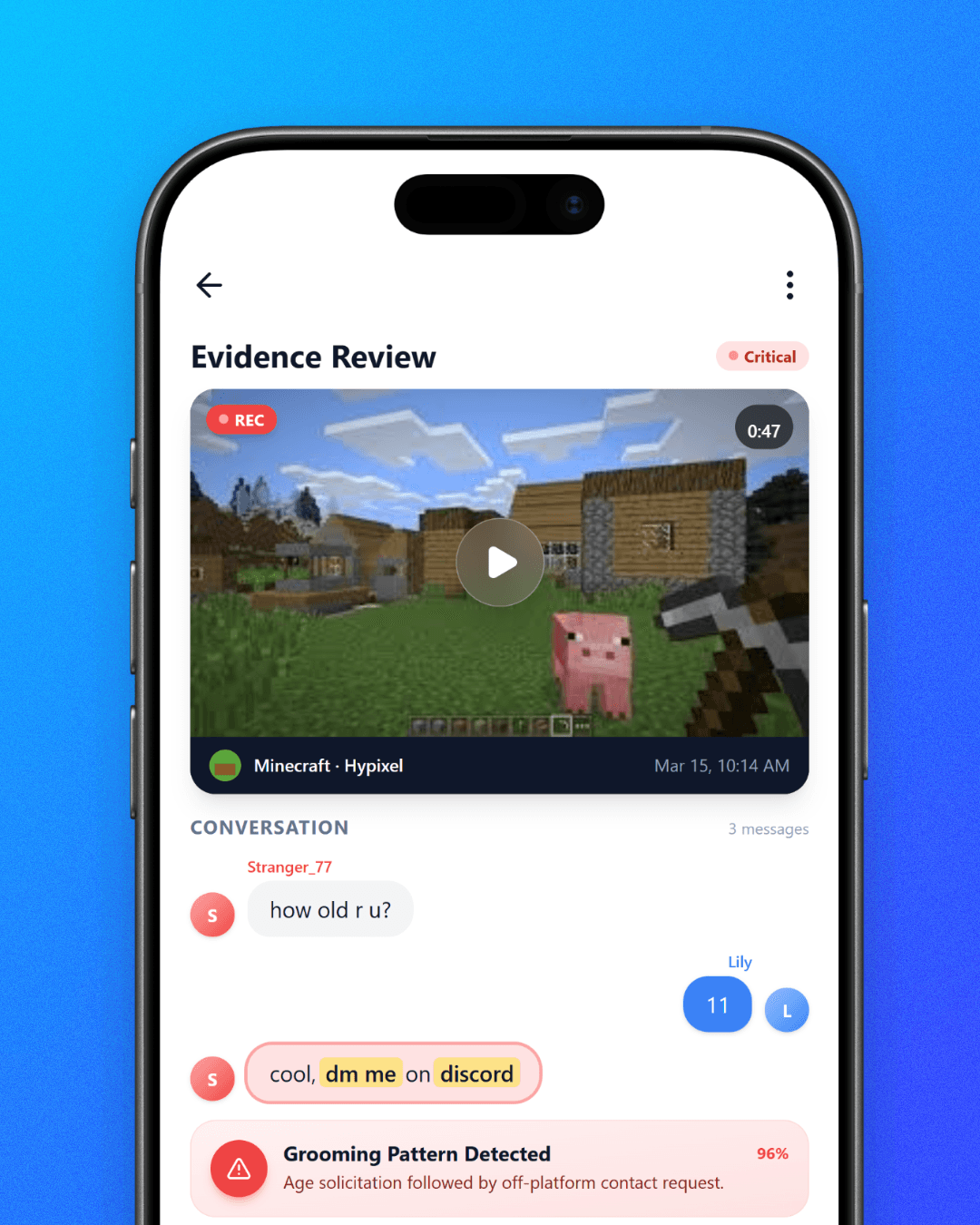 Koda Evidence Review screen showing recorded Minecraft gameplay and flagged chat messages