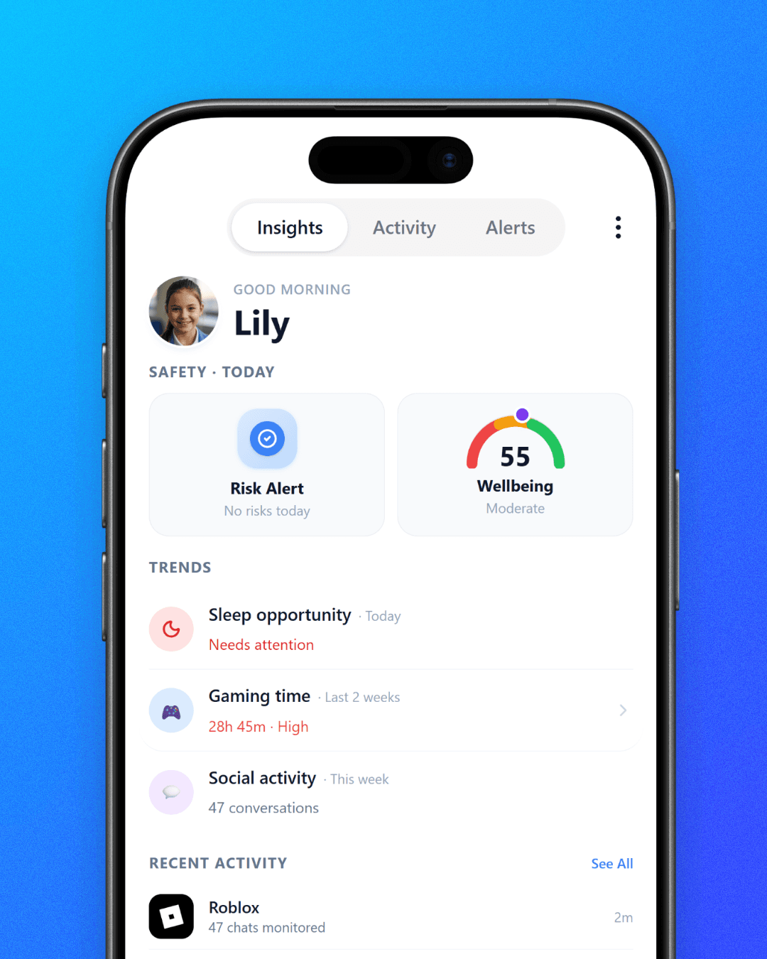 Koda Insights screen showing Lily's safety score, trends, and recent activity