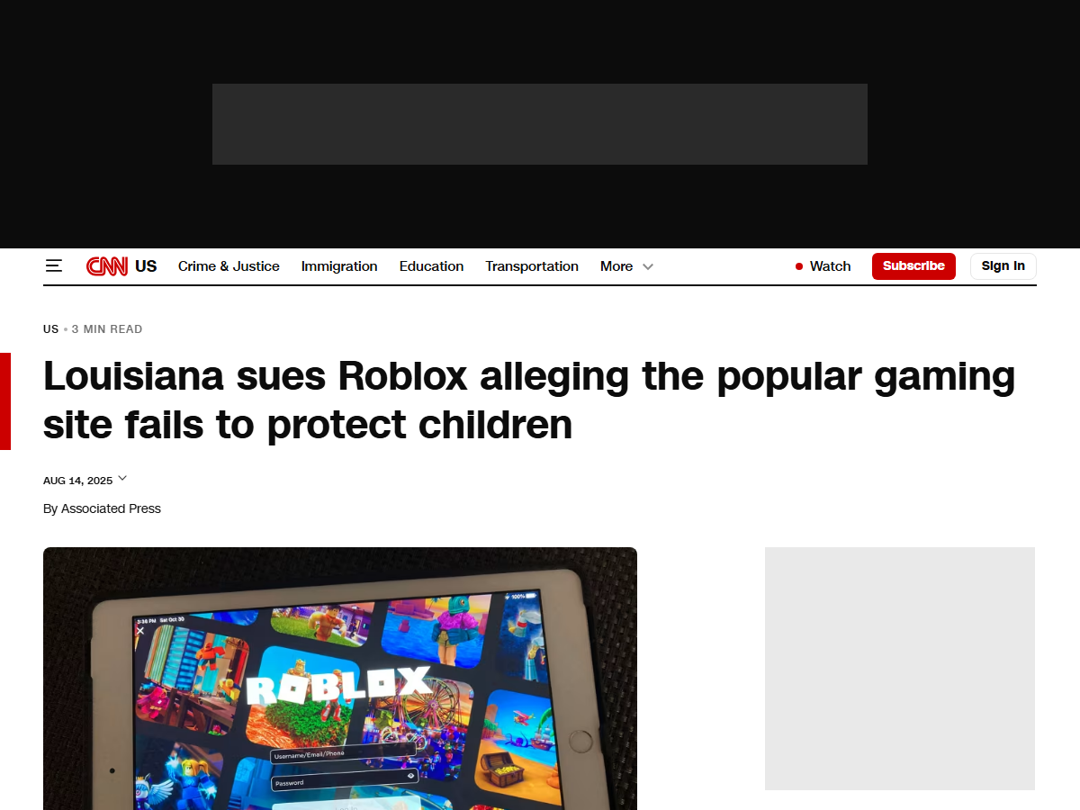 Louisiana sues Roblox, alleging the gaming site fails to protect children
